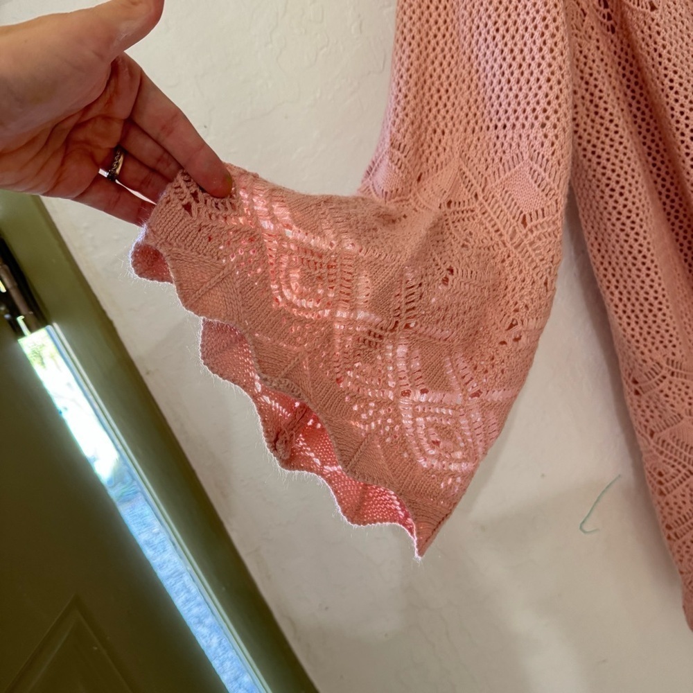 Roaman’s Plus Size Pink Crochet Wide Sleeve Eyelet Knit Cardigan 30/32 - Picture 2 of 7